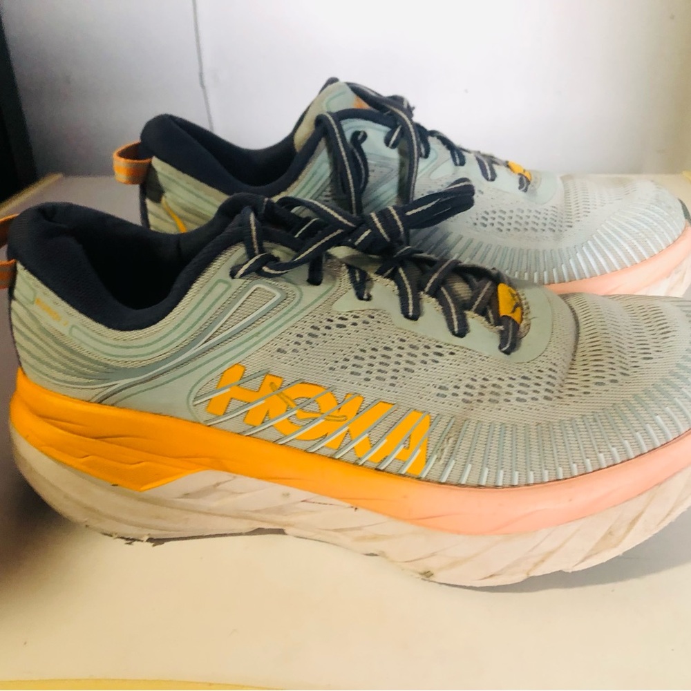 Hoka Women’s Bondi 8 Sneakers in Pale Blue with Yellow and Coral Accents - Picture 6 of 6